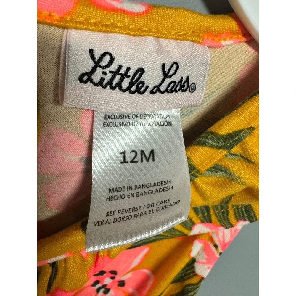 Little Lass Baby Girl Mustard Yellow Pink Floral Ruffle Dress 12M Sleeveless